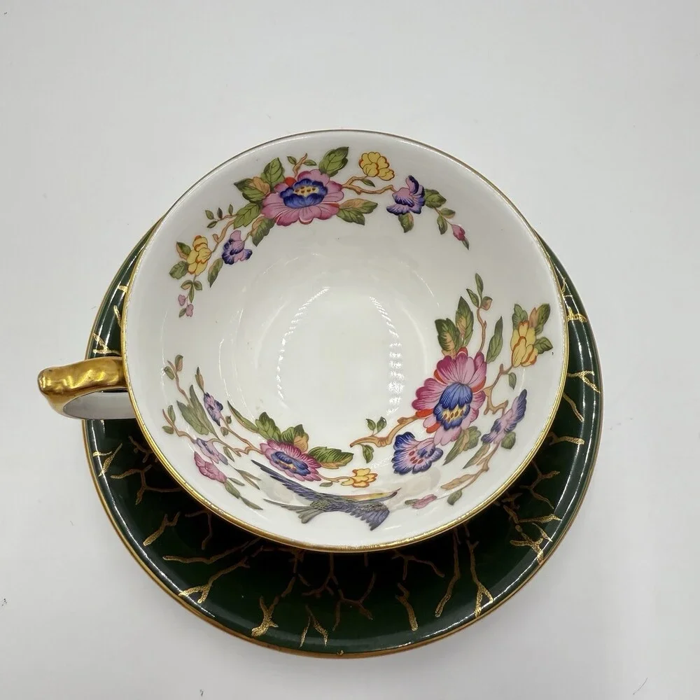 Aynsley Bone China Pembroke Pattern English Dark Green Floral Bird Crackle-like